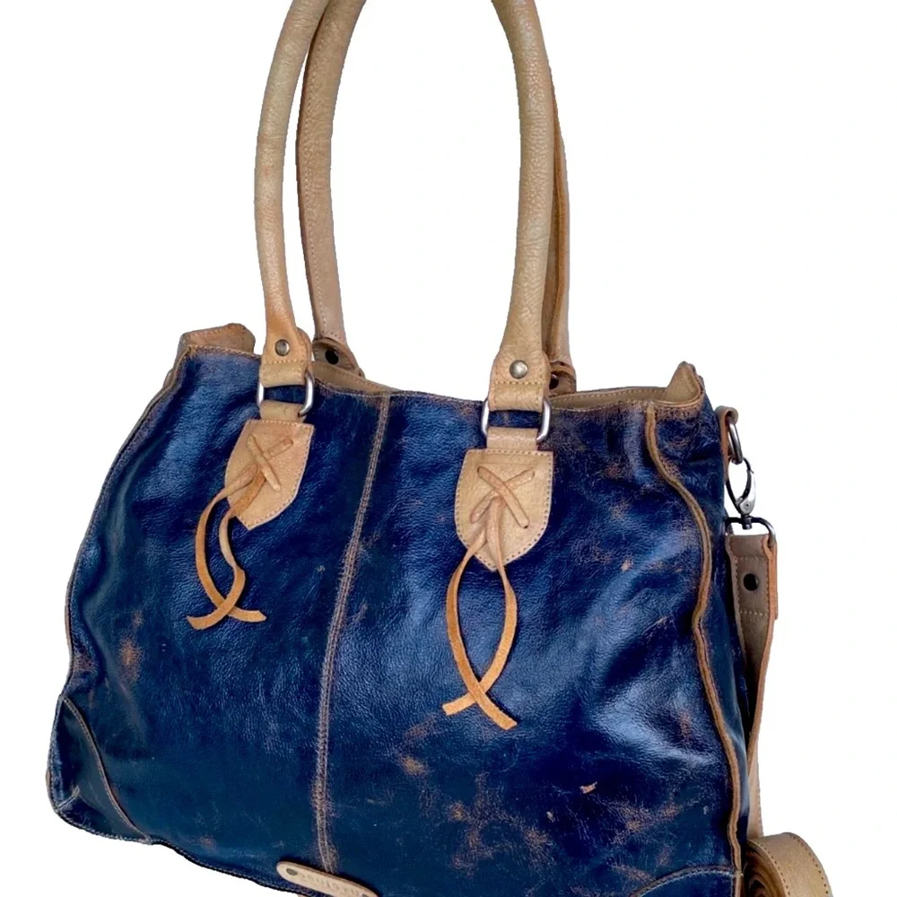 Bed Stu Bag. Stylish Blue and Tan Leather Tote Bag - Picture 2 of 7
